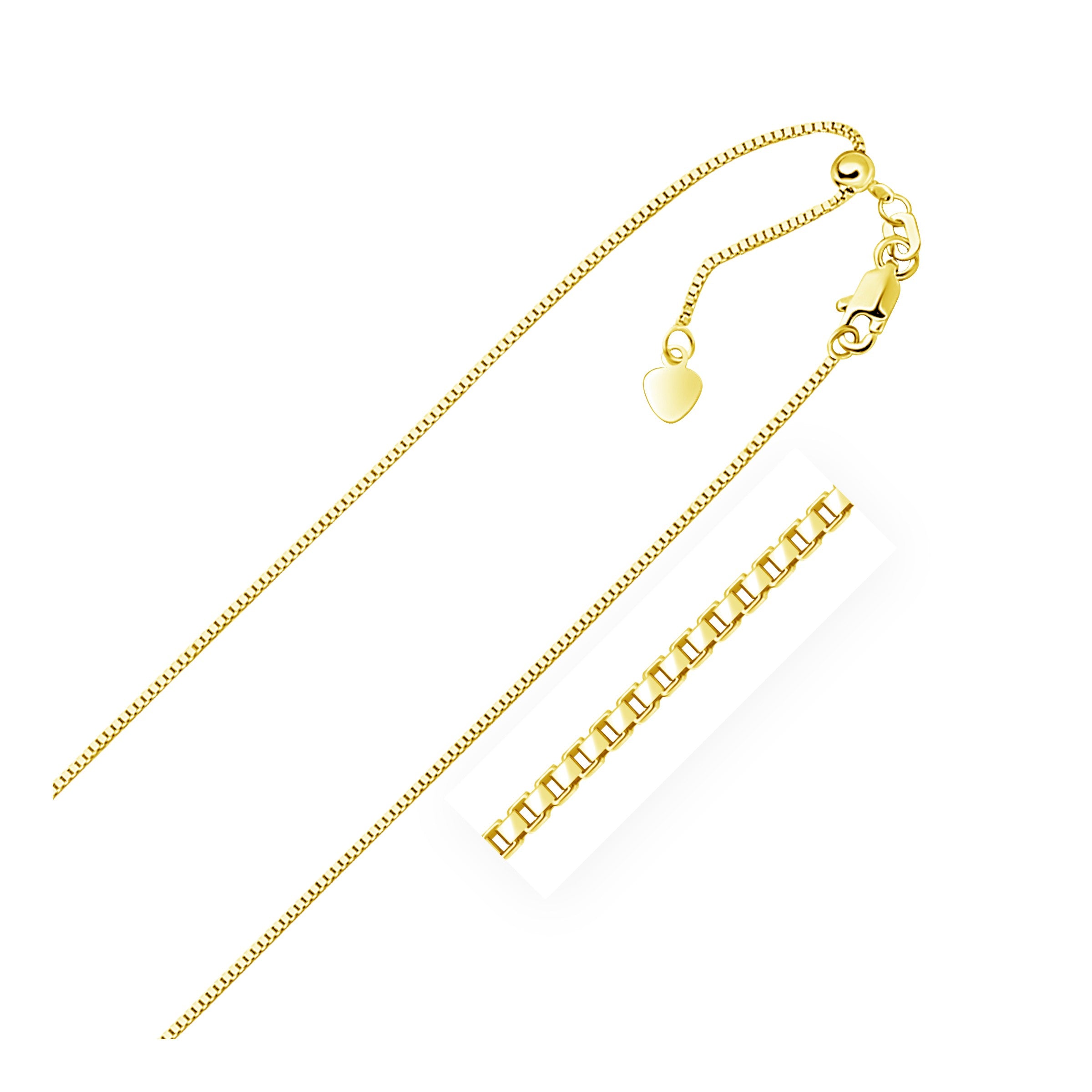 10k Yellow Gold Adjustable Box Chain (0.85 mm) in a sleek high-contrast midnight luxury editorial style
